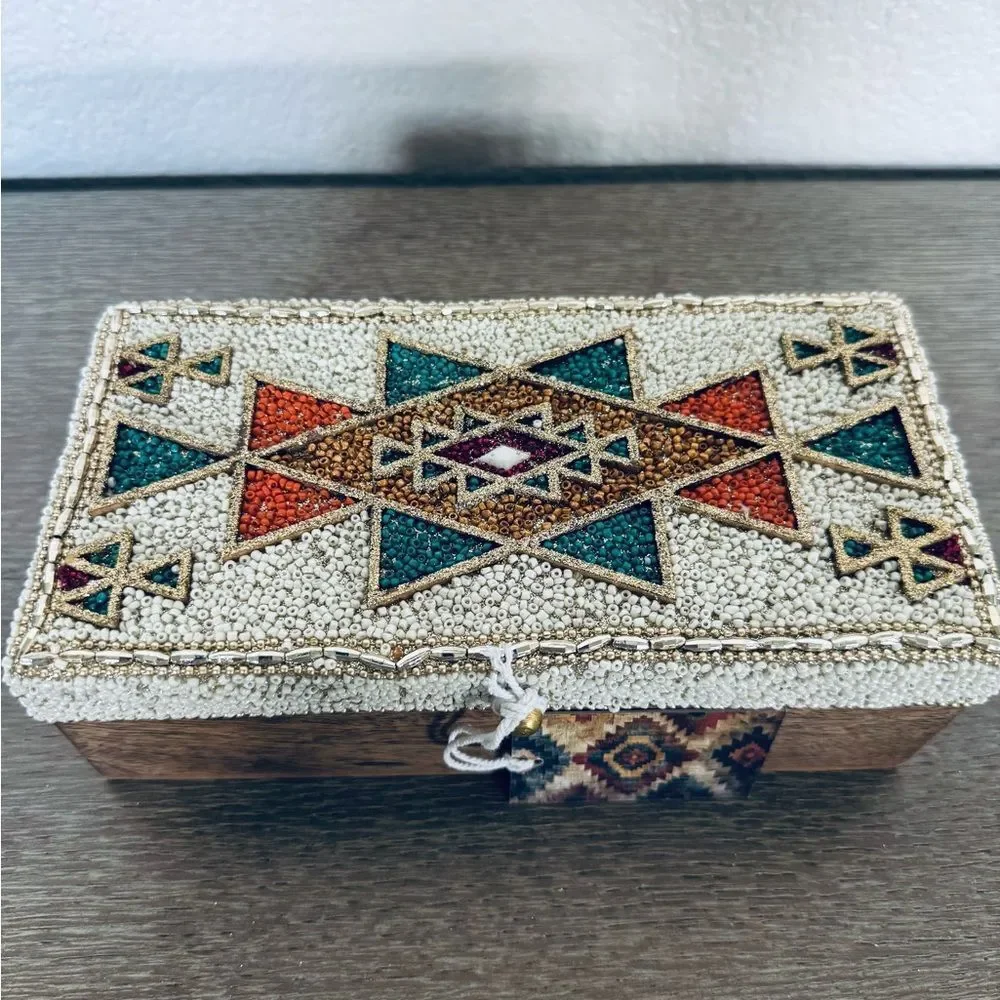 Southwest Western Aztec Tribal Beaded Teal Orange Gold Decor Storage Box